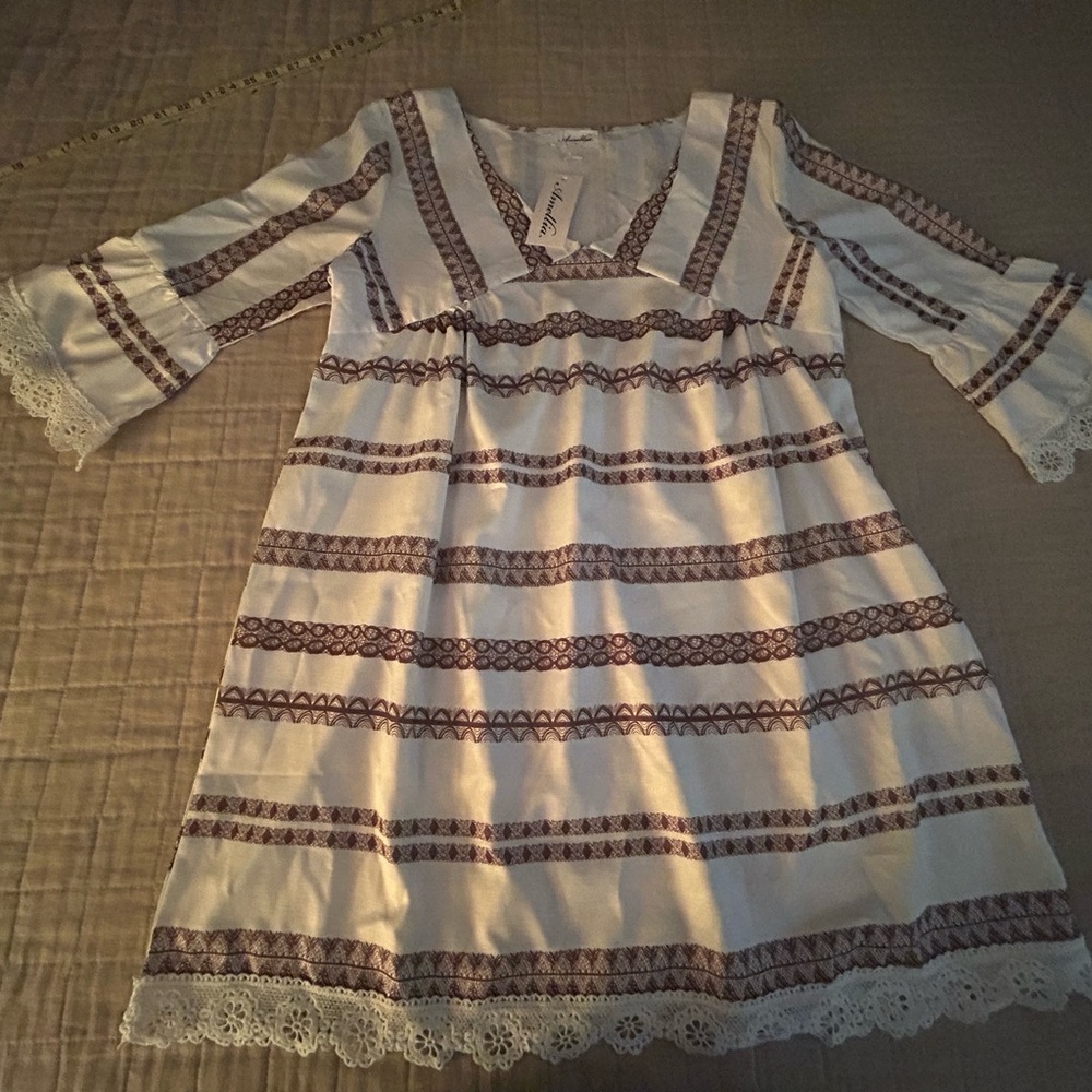 NWT White and Brown Striped Dress with Lace Trim